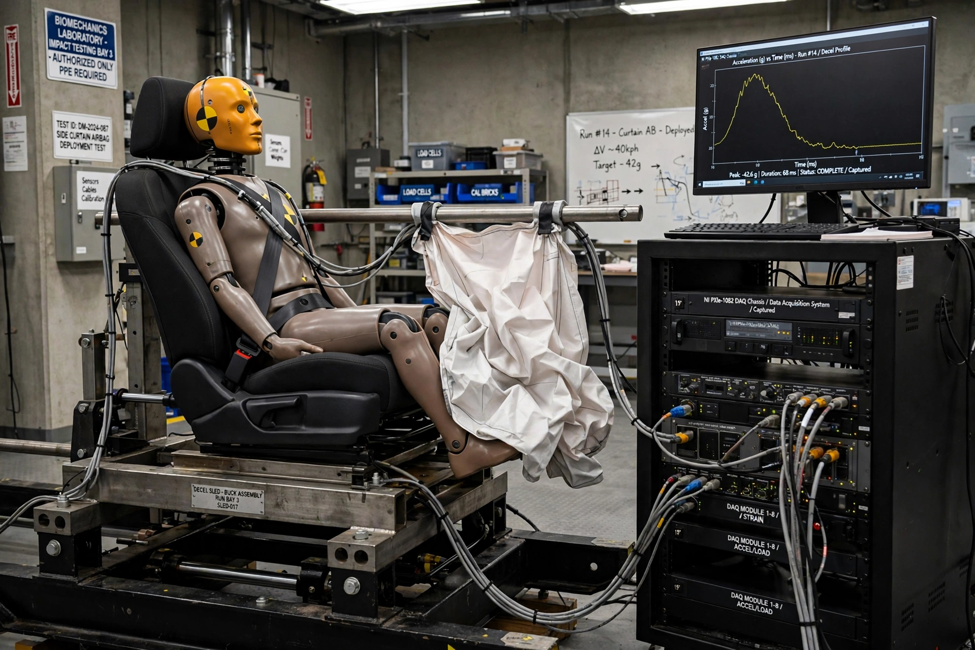 Instrumented crash test dummy in biomechanics lab